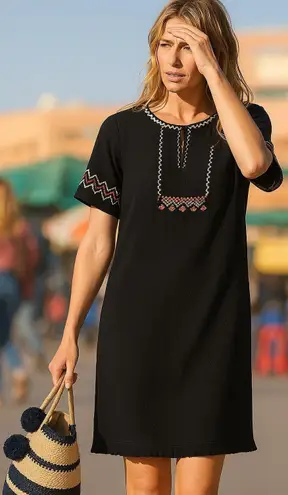 LILLA P Gauze Embroidered Dress Black Tassel Fringe Short Sleeve sz S Boho