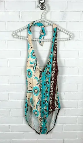 Vintage Turquoise Brown Western Floral One Piece Swimsuit Size 10 Blue