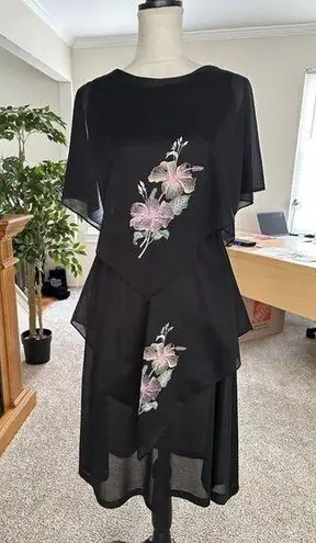 VTG 70s Gilberti Handkerchief Hem Floral Chiffon Semi Sheer Dress Fits Medium Black