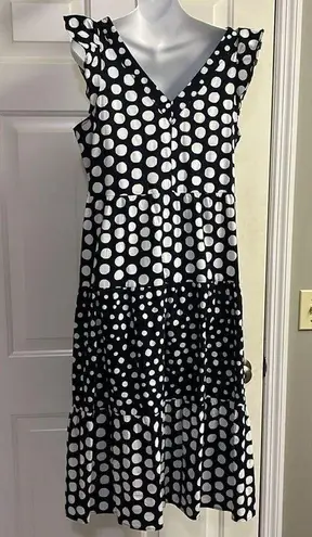 Loft  Navy White Polka Dot V-Neck Ruffled Flowy MIDI Dress- Medium