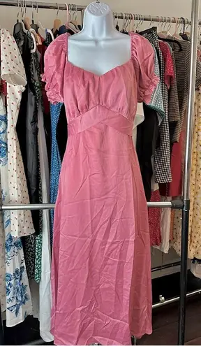 Rihoas Pink Sweetheart Neck Ruched Satin Midi Dress Size M