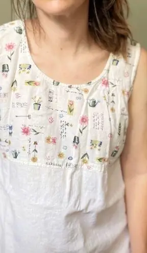 Vintage Linen garden print shift dress natural linen color sleeveless midi Size M