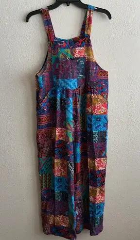 Bohemian Colorful Patchwork Suspender Jumpsuit Wide Leg S Blue