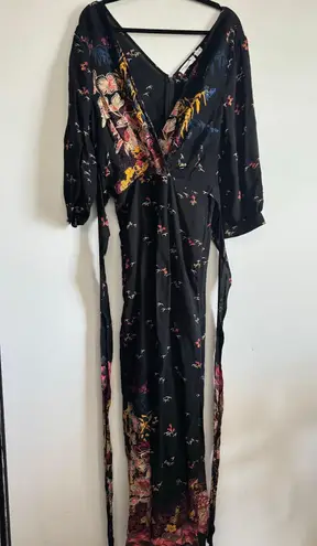 Anthropologie Feather Bone Wide Leg Jumpsuit Black Floral Boho V