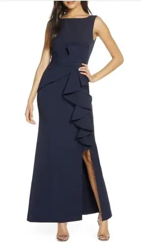 Eliza J Navy Ruffle Front Gown 10