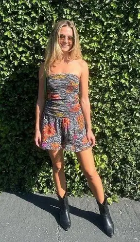 FUZZI Black Red Floral Strapless Lace Mesh Romper Size Medium