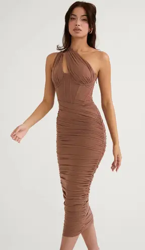 House Of CB VALENTINA MOCHA ASYMMETRIC CUTOUT MIDI DRESS