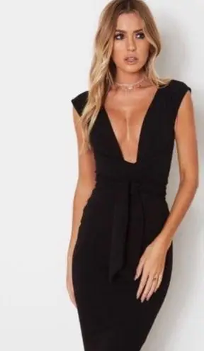 Nookie NEW Royal Midi Dress in Black XS Bodycon Plunging Neckline Sleeveless