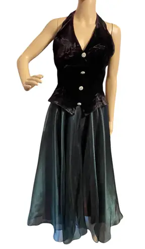 Dave and Johnny Vintage 80’s Halter Velvet Vest Formal Dress Wine Brown Green 7-8