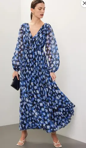 Monique Lhuillier RTR ML Melanie Black White & Blue Floral Maxi Dress Sz 10