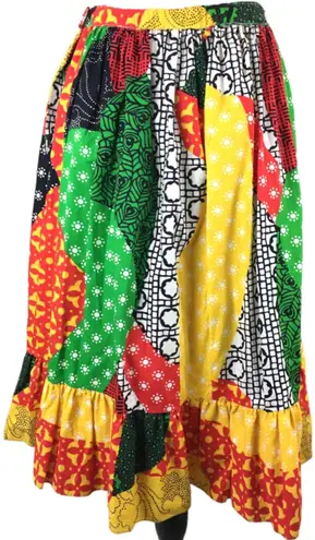 Vintage 70s Multicolor Patchwork Print Bright Midi Skirt Ruffle Small Multiple