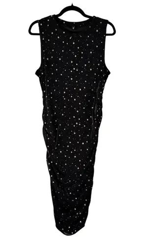 Allegra K Black Gold Stars Sleeveless Ruched Bodycon Midi Dress - XL