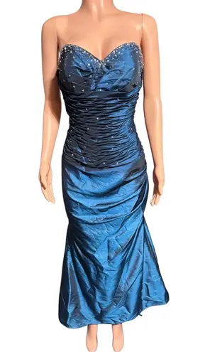 J&J Strapless long blue dress with beading and corset 10/M Size M