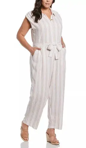 Rafaella ELLA Jumpsuit Women's 1X White Brown Striped Tie Waist Sleeveless NWT