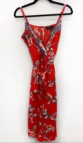 Francesca’s Collections Orange Red Floral Wide Leg Midi Jumpsuit Size Small