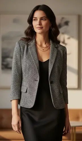 Field Manor Modern Classics Tweed Blazer Jacket Women Black White Speckled 8 Gray