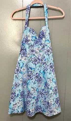 City Triangles Vintage  Blue Floral Hawaiian Y2K 90s Coconut Girl Halter Dress 10