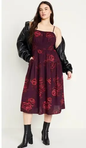 Old Navy  Waist-Defined Cami Midi Dress Burgundy Floral print Women's Size XL