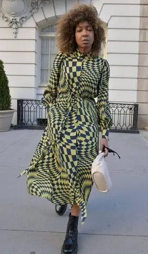 The Drop Geometric Print Midi Shirt Dress Long Sleeve Size XS Yellow Blue - Image 1