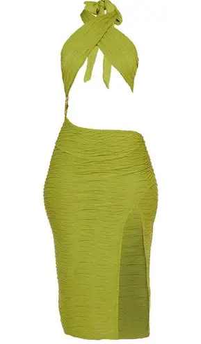 Pretty Little Thing Olive Textured Cross Halterneck Cut Out Midi Dress