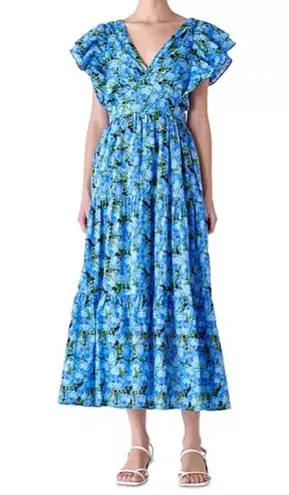 English Factory Women's Floral-Print Tiered Flutter-Sleeve Dress Blue Sz XS NWT
