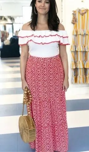 Marie Oliver $258 10 McKenzie Silk Polka Dot Maxi Tiered Skirt Red Spotted Long