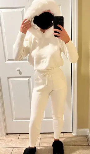 Real Fox Fur Collar Knit Set Winter Tracksuit Kit Hoodie Knit High Waist Pants White