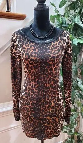 INC  Brown & Black Animal Print Round Neck Long Sleeves Casual Sweater Size Large