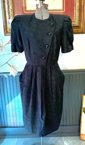 Vintage David Warren 100% Cotton 80’s Jacquard Button Pleated Midi Dress Sz 6 💚🍄 Black