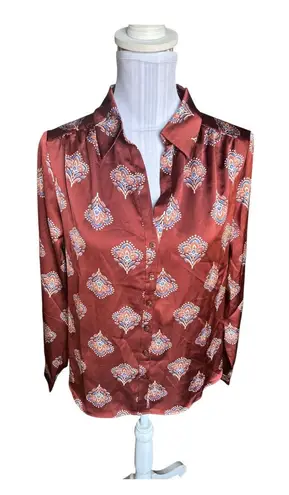 Pleione Brown Floral Print Blouse Size S Button Down