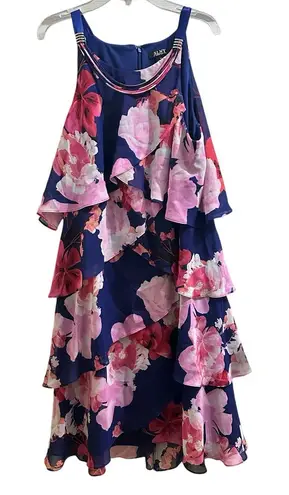 Slny Tiered Ruffle Sleeveless Dress Floral & Navy 14 XL