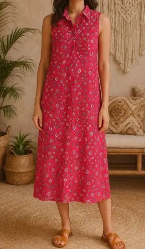 Ann Taylor  Linen Blend Sleeveless Shirtdress in Red Floral