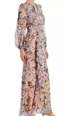 Eliza J Pink Floral Long Sleeve Maxi Dress Chiffon Ruffle Front Slit Size 14 New