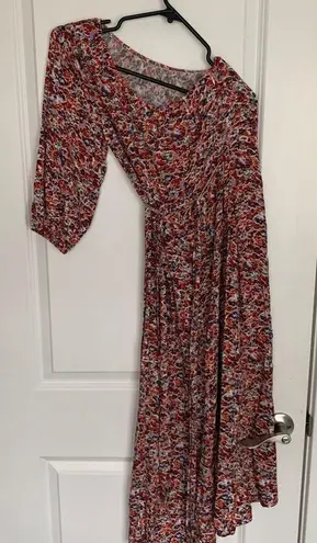 American Eagle Women’s XS  Multi Floral One Shoulder Slit Tie Waist Midi Dress