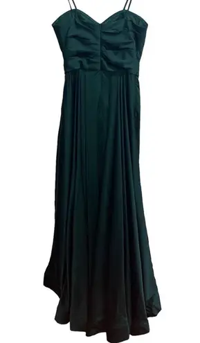 La Femme Strapless Sweetheart Satin Wrap Bodice Maxi Gown Emerald Green