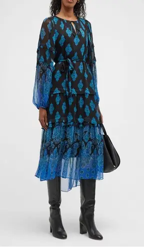 5|48 NWT Kobi Halperin Connor Printed Midi Dress, Black Blue Size XXL New w/Tag $