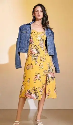 J.ING Gold Slit Hem Floral Midi Dress Size L