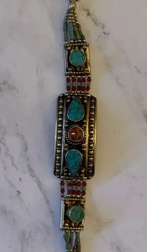 Vintage Native American Silver Hand Made Turquoise Coral Beaded Bracelet RARE Blue