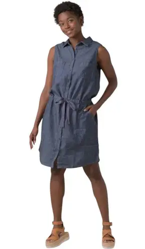 prAna Women Sunrise Peak Dress Deep Denimblue Jean collared tie front.Size S NWT
