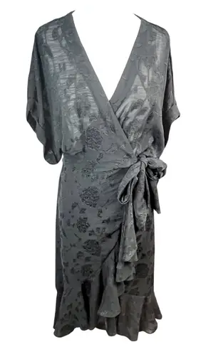 Lovestitch Women's Black Floral Jacquard Wrap Midi Dress Ruffle Hem Medium