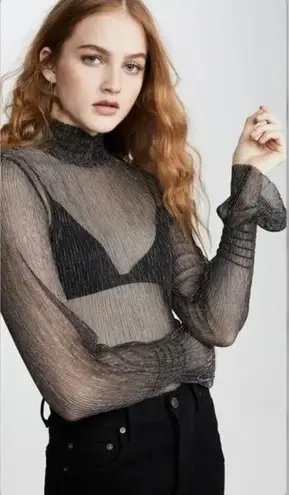 Habitual  Metallic Sheer Black Turtleneck Long Sleeve Top Shimmery Bell Sleeves S