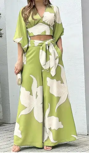 NWT Stylewe Green & White Floral Print Crop Top With High Waist Wide Leg Pants Size XL