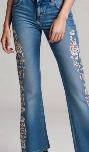 Y2K Vintage Embellished Embroidered Beaded Flare Jeans Low Rise 2000s Fairy Boho Blue Size 27