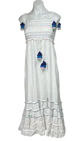 Playa Lucila White Smocked Tassel Spaghetti Strap Tiered Ruffle Maxi Dress Sz XS