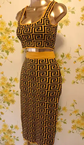 Lizette Collection 2-Piece Black & mustard Jacquard Monogram Crop Top & Skirt Set one size