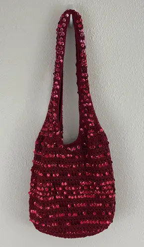 Vintage 90s Y2K Red Crochet Circle Dangle Sequin Slouchy Shoulder Bag Purse