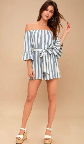 Billabong Fun For Now Blue & White Striped Off-the-Shoulder Romper L