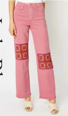 Judy Blue Dusty Pink High Waist Jeans Crochet Patch Wide Leg Women 13/31