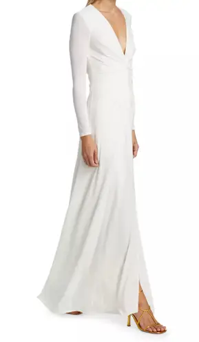 Halston Heritage Ivory V-Neck Ruched Jersey Gown