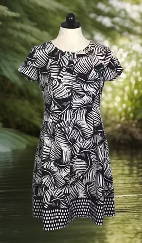 Chic Chelsea Suite Fit & Flare Black White Leaf Print Dress 12 BOHO Tropical